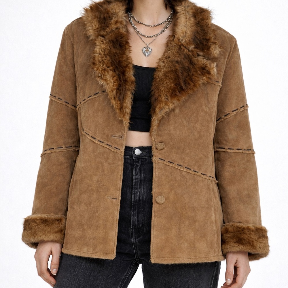 Vintage 90s Winlet coat womens medium M brown leather fur western boho suede